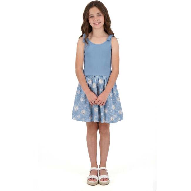 Tween Girls Rib Knit Bow Shoulder Dess, Floral Eyelet - Dresses - 5