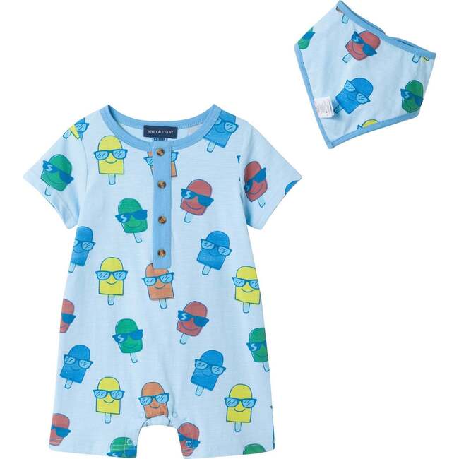 Infant Boys Henley Romper & Bib Set, Blue Ice-Pops