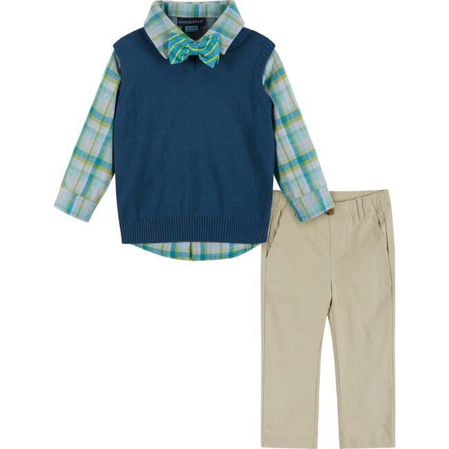Infant Boys 4-Piece Vest Set, Navy & Khaki Plaid