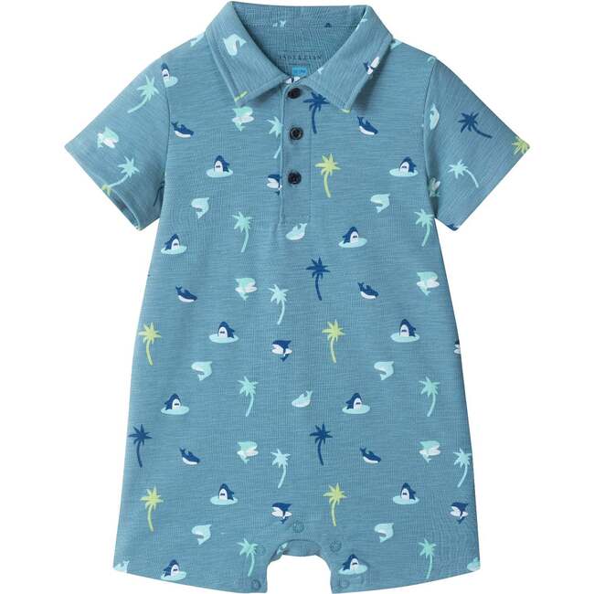 Infant Boys Blue Printed Baby Polo Romper, Blue Palm