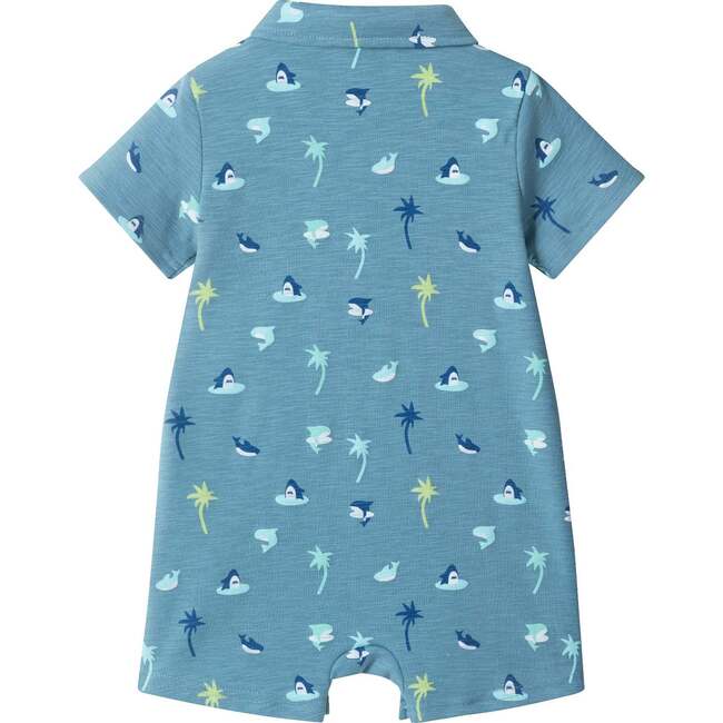 Infant Boys Blue Printed Baby Polo Romper, Blue Palm - Rompers - 3