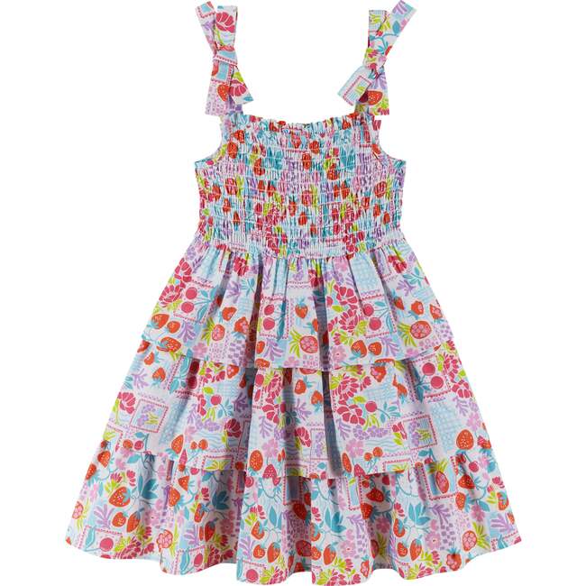 Girls Tiered Poplin Dress, White Strawberry