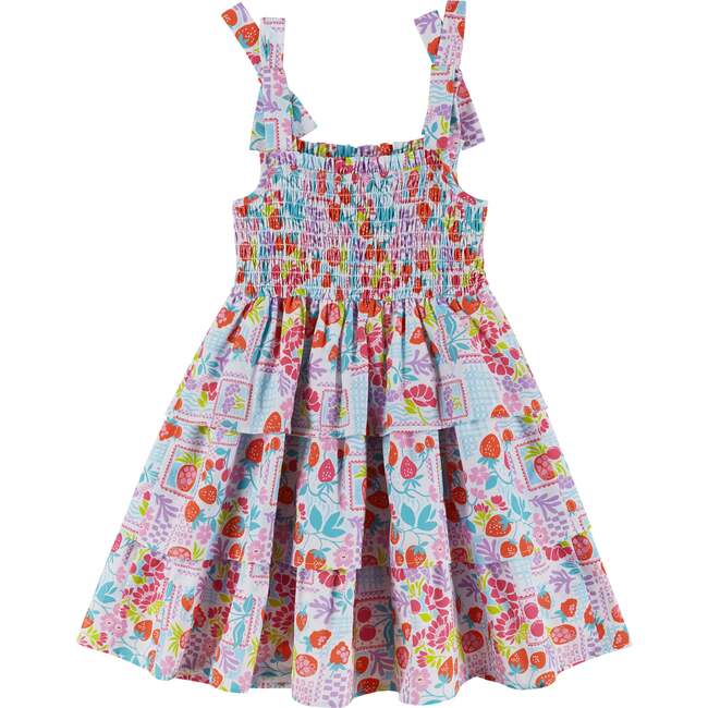 Girls Tiered Poplin Dress, White Strawberry
