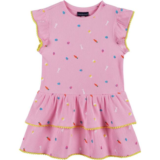 Girls Pink Rib Tiered Dress, Bunny Garden