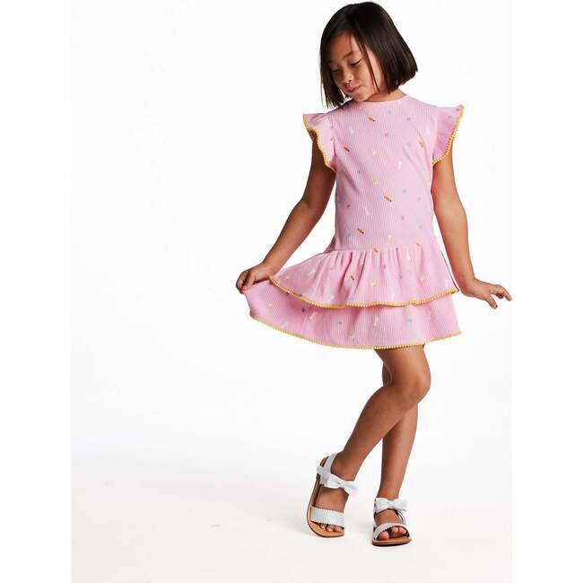 Girls Pink Rib Tiered Dress, Bunny Garden