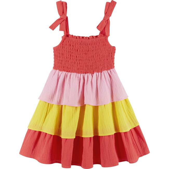 Girls Layered Gauze Dress, Color Blocked