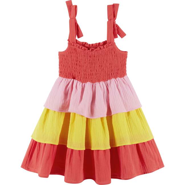 Girls Layered Gauze Dress, Color Blocked
