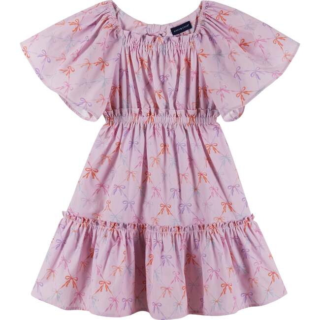 Girls Flutter Sleeve Seersucker Dress, Pink Bow