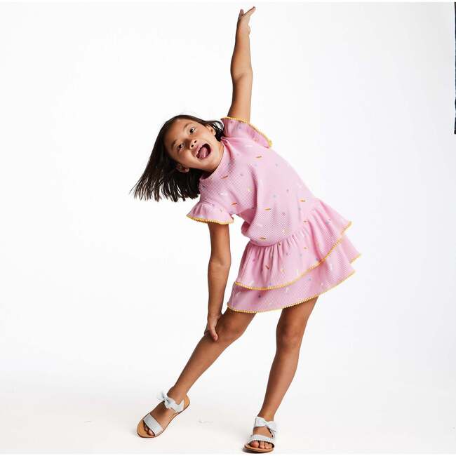 Girls Pink Rib Tiered Dress, Bunny Garden - Dresses - 6