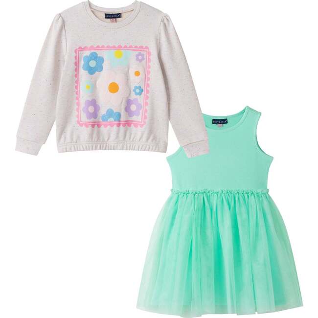 Girls Chenille Floral Sweatshirt & Tulle Tank Dress Set, Aqua