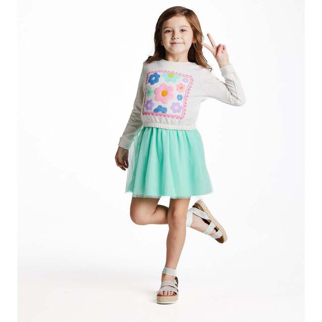 Girls Chenille Floral Sweatshirt & Tulle Tank Dress Set, Aqua - Mixed Apparel Set - 3