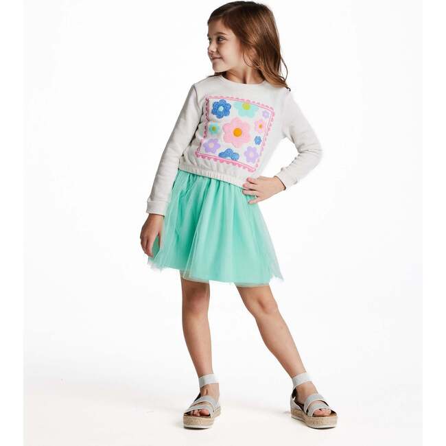 Girls Chenille Floral Sweatshirt & Tulle Tank Dress Set, Aqua - Mixed Apparel Set - 4