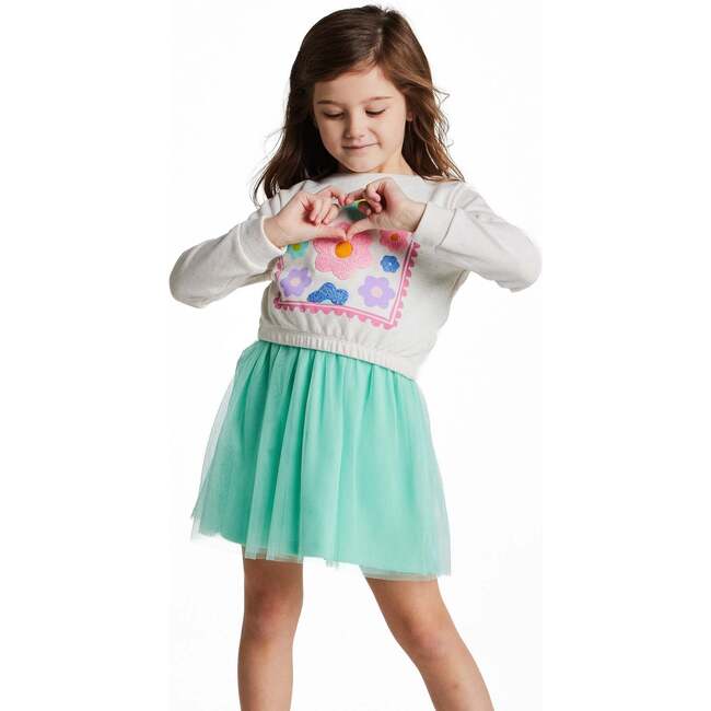 Girls Chenille Floral Sweatshirt & Tulle Tank Dress Set, Aqua - Mixed Apparel Set - 6