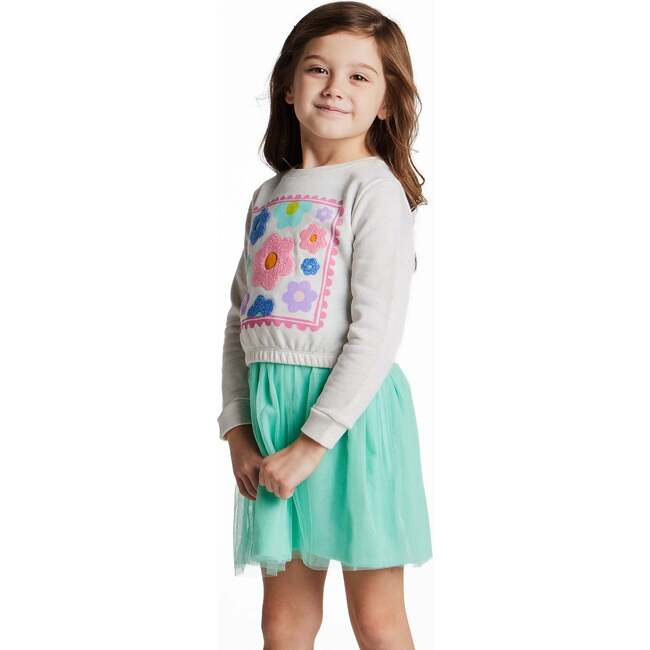 Girls Chenille Floral Sweatshirt & Tulle Tank Dress Set, Aqua - Mixed Apparel Set - 8