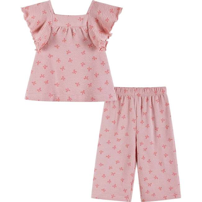 Infant Girls Knit Seersucker Top & Pant Set, Pink Bow Print