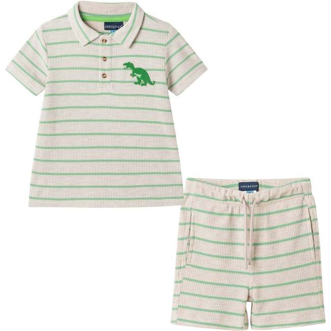 Boys Striped Waffle Polo Set, Oatmeal Dino