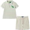 Boys Striped Waffle Polo Set, Oatmeal Dino - Polo Shirts - 1 - thumbnail