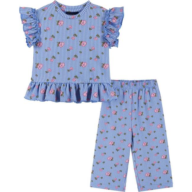 Infant Girls Knit Seersucker Top & Pant Set, Blue Floral