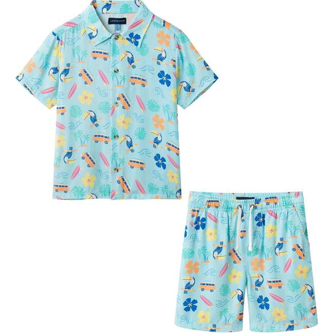 Boys Synthetic Viscose Matching Set, Aqua beach