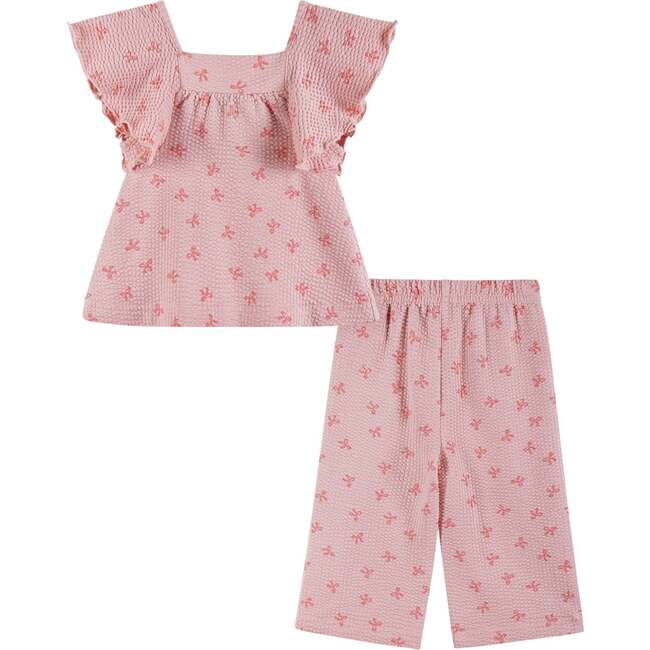 Infant Girls Knit Seersucker Top & Pant Set, Pink Bow Print