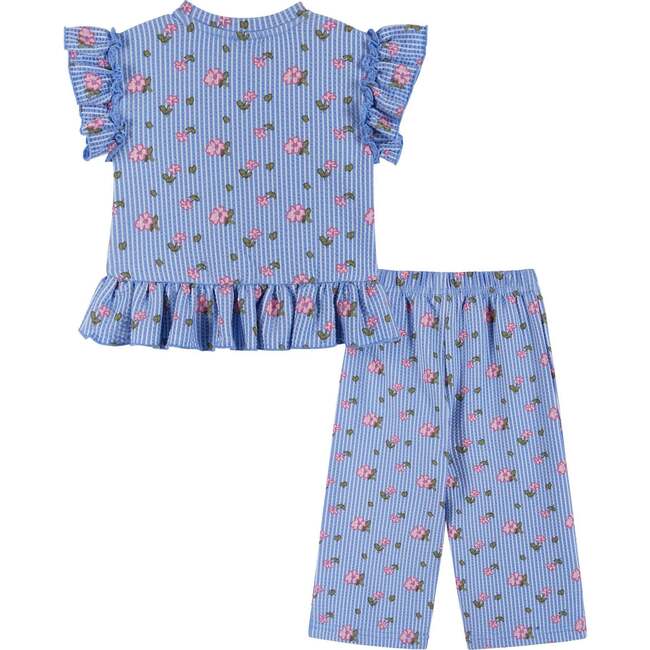 Infant Girls Knit Seersucker Top & Pant Set, Blue Floral