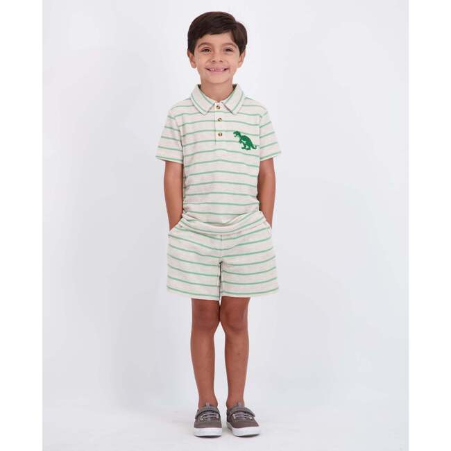 Boys Striped Waffle Polo Set, Oatmeal Dino
