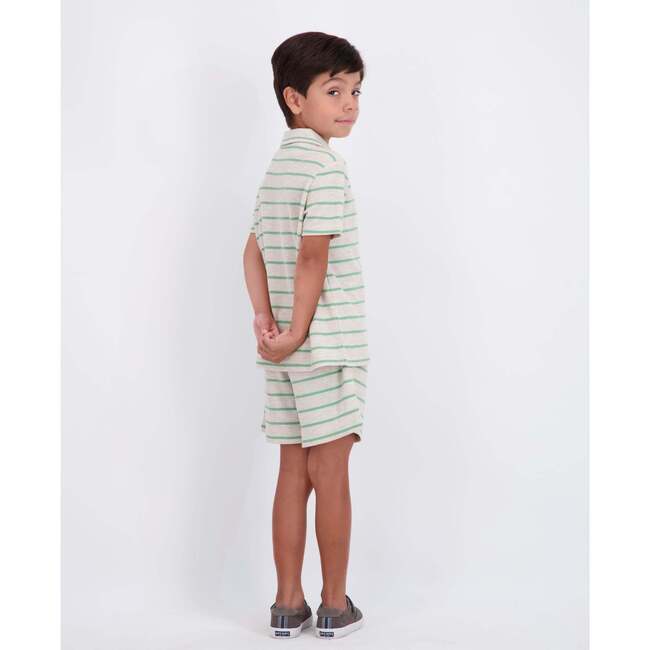 Boys Striped Waffle Polo Set, Oatmeal Dino - Polo Shirts - 3