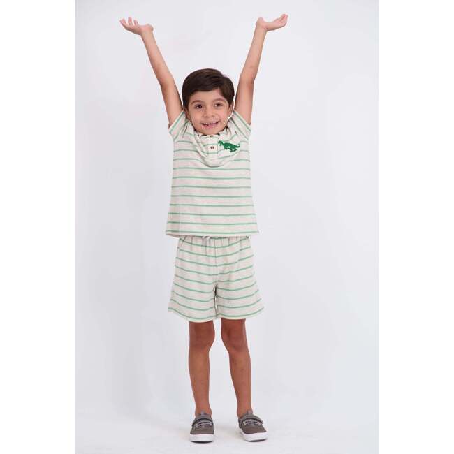 Boys Striped Waffle Polo Set, Oatmeal Dino - Polo Shirts - 5