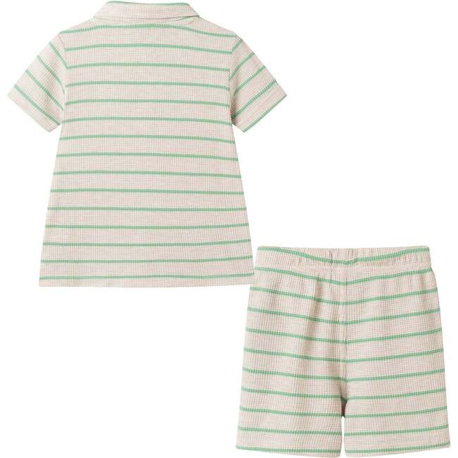 Boys Striped Waffle Polo Set, Oatmeal Dino - Polo Shirts - 6