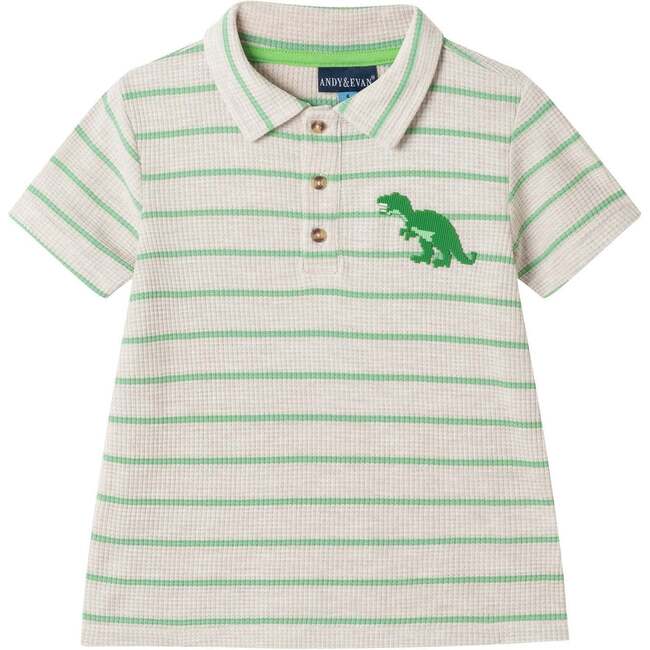 Boys Striped Waffle Polo Set, Oatmeal Dino - Polo Shirts - 7