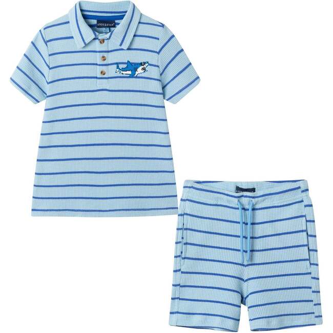 Boys Striped Waffle Polo Set, Blue Shark