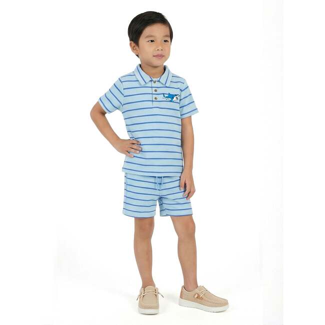 Boys Striped Waffle Polo Set, Blue Shark
