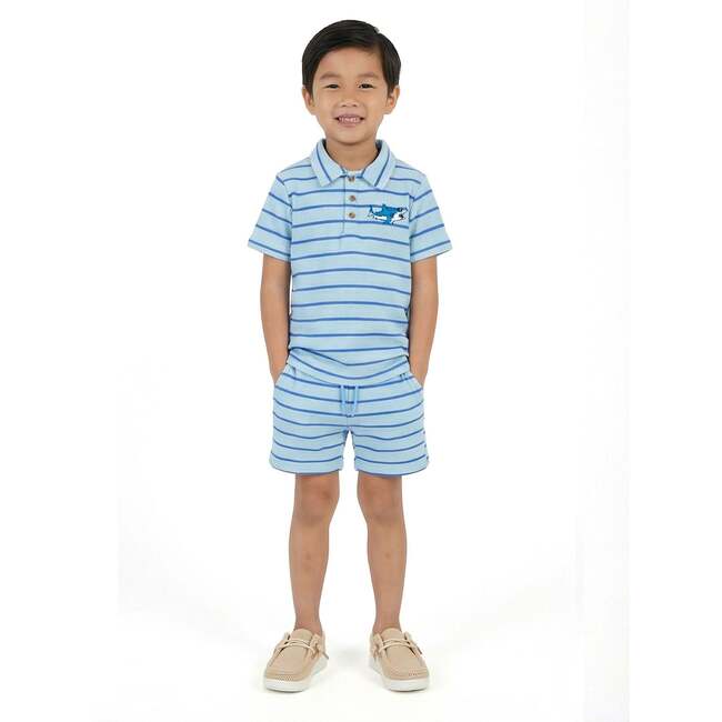 Boys Striped Waffle Polo Set, Blue Shark - Polo Shirts - 3