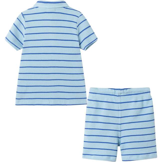 Boys Striped Waffle Polo Set, Blue Shark - Polo Shirts - 4