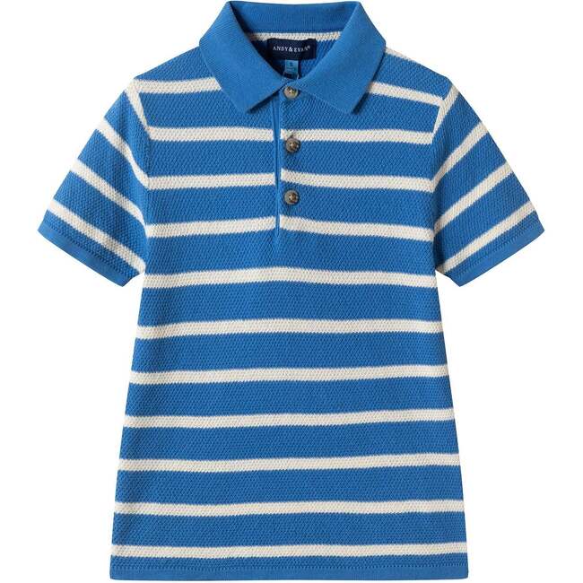 Boys Short Sleeve Polo Knit, Blue Stripe