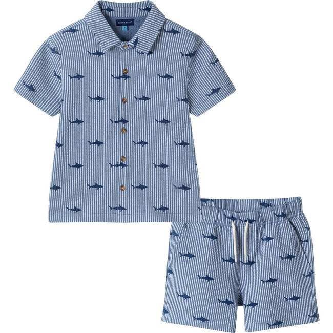 Boys Short Sleeve Cabana Set, Navy Stripe Shark
