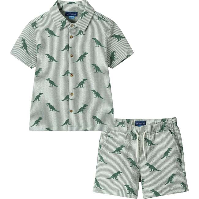 Boys Short Sleeve Cabana Set, Green Stripe Dino