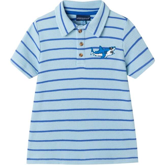 Boys Striped Waffle Polo Set, Blue Shark - Polo Shirts - 6