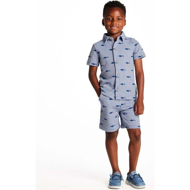 Boys Short Sleeve Cabana Set, Navy Stripe Shark