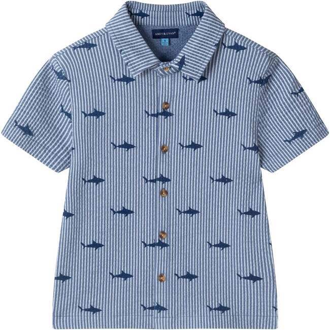 Boys Short Sleeve Cabana Set, Navy Stripe Shark - Mixed Apparel Set - 5