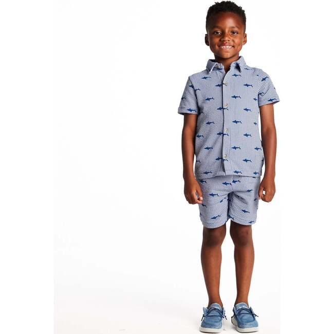 Boys Short Sleeve Cabana Set, Navy Stripe Shark - Mixed Apparel Set - 10