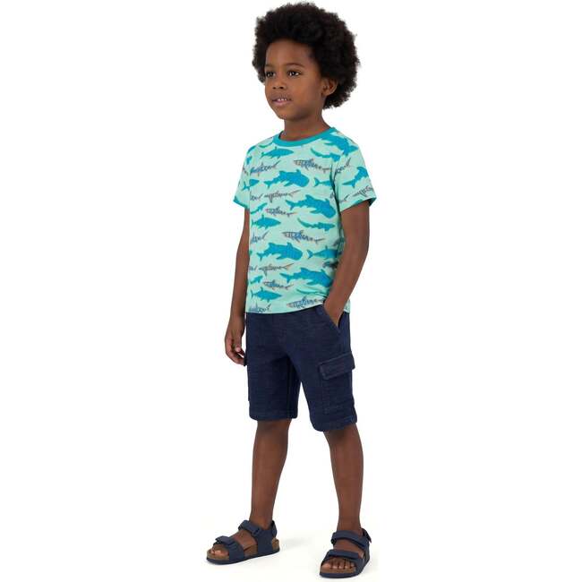 Boys Graphic Tee, Teal Sharks - T-Shirts - 4