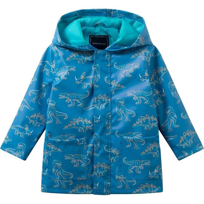 Boys Allover Print Raincoat, Blue Dino