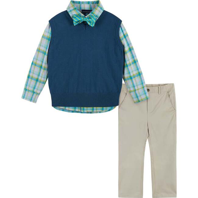 Boys 4-Piece Vest Set, Navy & Khaki Plaid