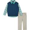 Boys 4-Piece Vest Set, Navy & Khaki Plaid - Mixed Apparel Set - 1 - thumbnail