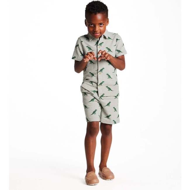 Boys Short Sleeve Cabana Set, Green Stripe Dino - Mixed Apparel Set - 11