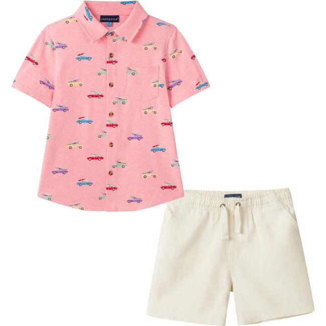 Boys Buttondown & Linen Short Set, Coral Cars