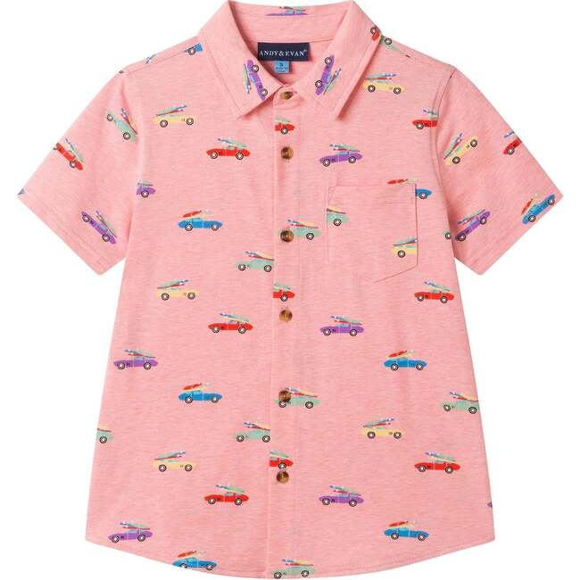 Boys Blue Printed Knit Buttondown, Orange Cars