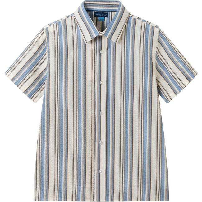 Big Kid Boys Puckered Stripes Buttondown, Blue Stripe