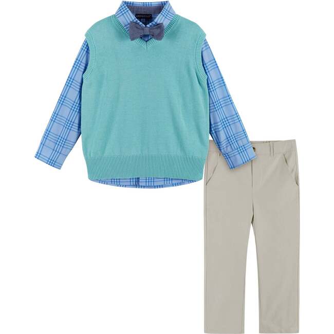 Boys 4-Piece Vest Set, Aqua & Grey Plaid